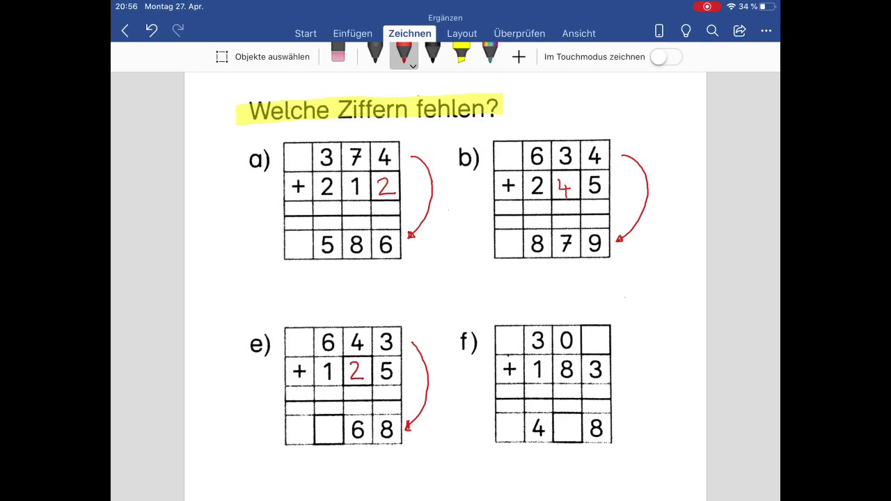 Schriftliche Addition - Fehlende Ziffern erg&auml;nzen