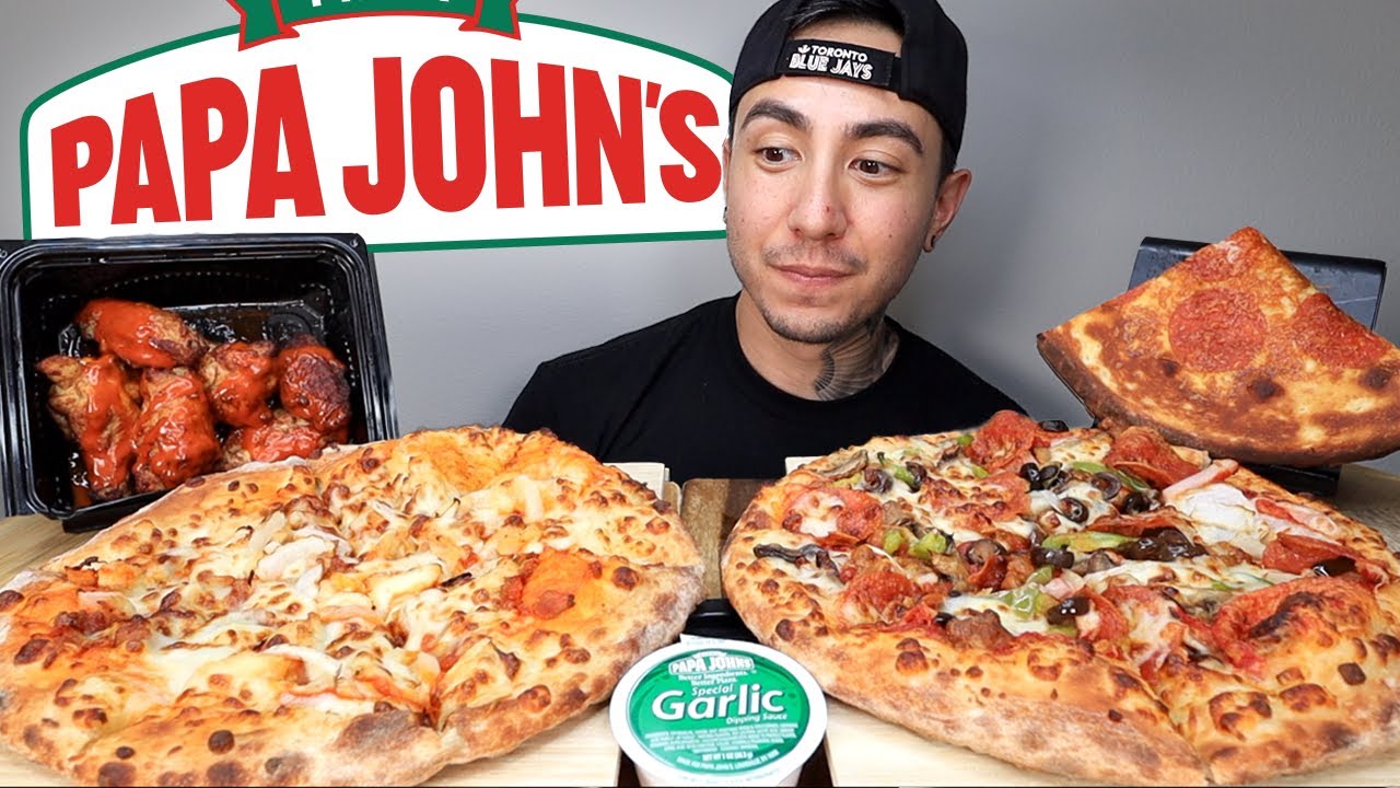 MUKBANG EATING Papa John's Fiery Buffalo Chicken Pizza, The Works Pizza, Pepperoni Crusted Papadia