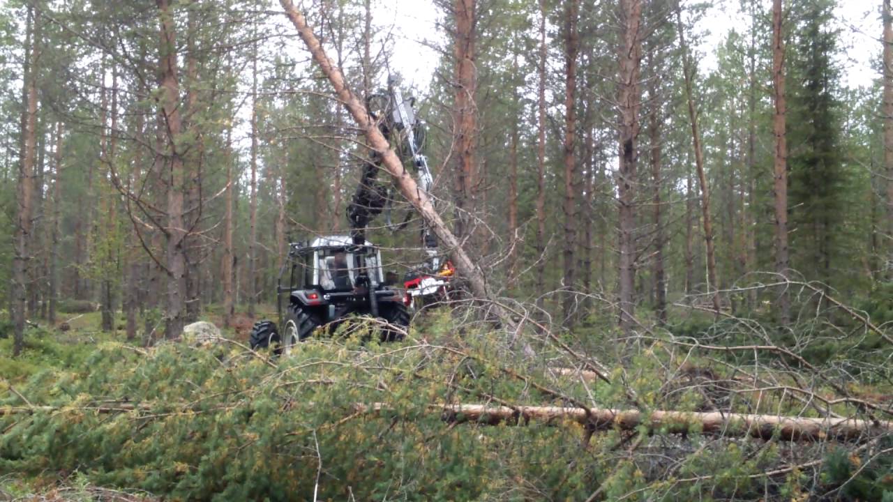 Valtra A93 HiTech, Nisula 325H. Skördare i stormfälld skog.