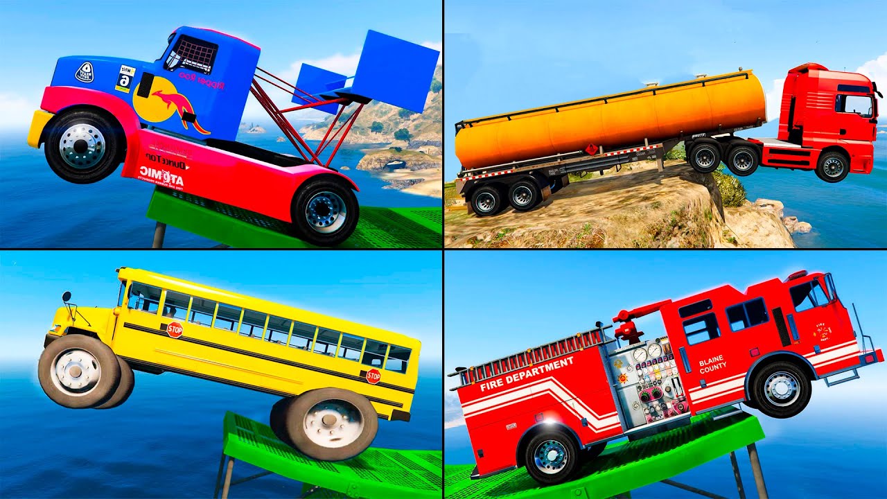 Trucks, Buses and Cars Jumping Into The Water - GTA 5 Mods 1 hour water challenge COMPILATION