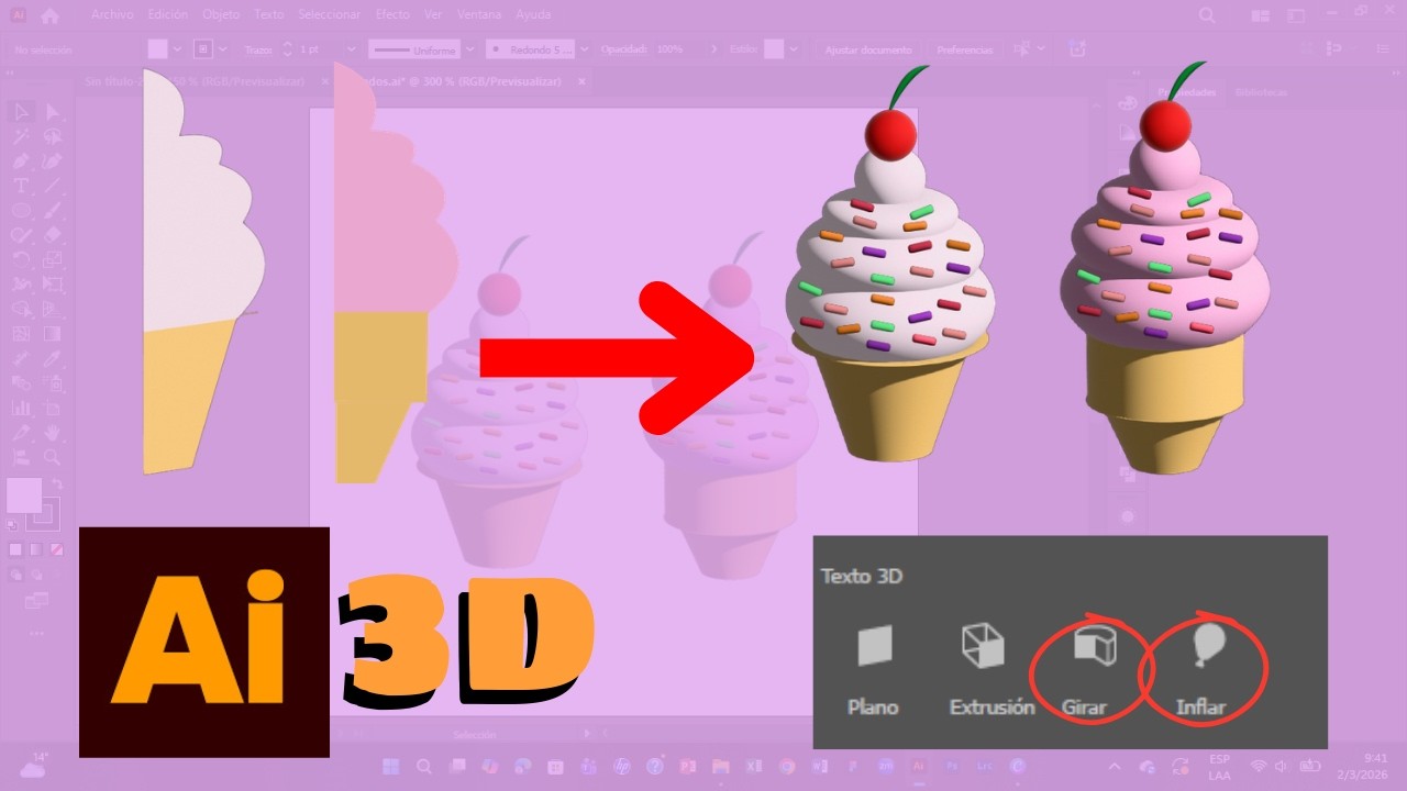 Práctica con helados usando la herramienta 3D y materiales (Girar e Inflar)