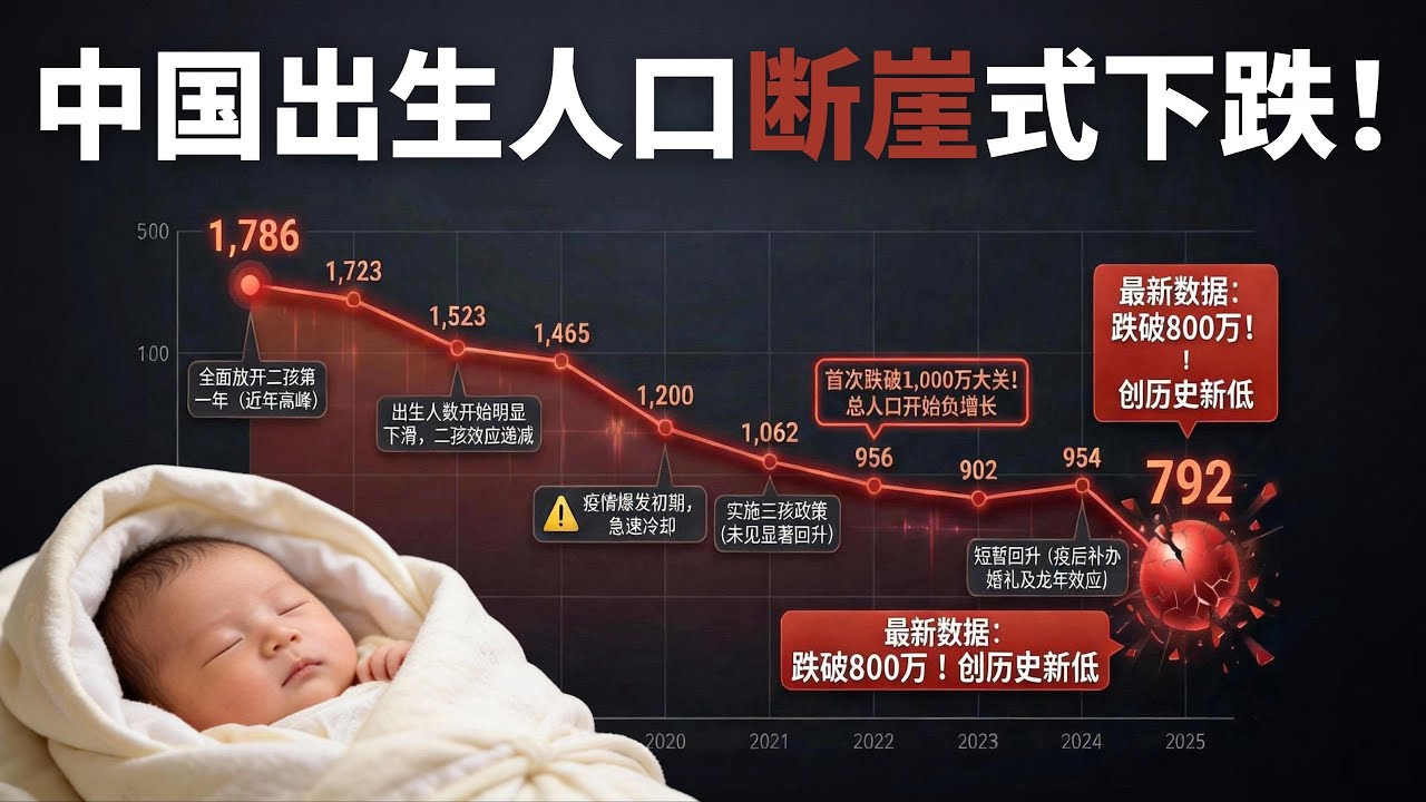 大国空巢：792万新生儿创中国历史300年来新低！人口悬崖已至，谁来给中国人养老？