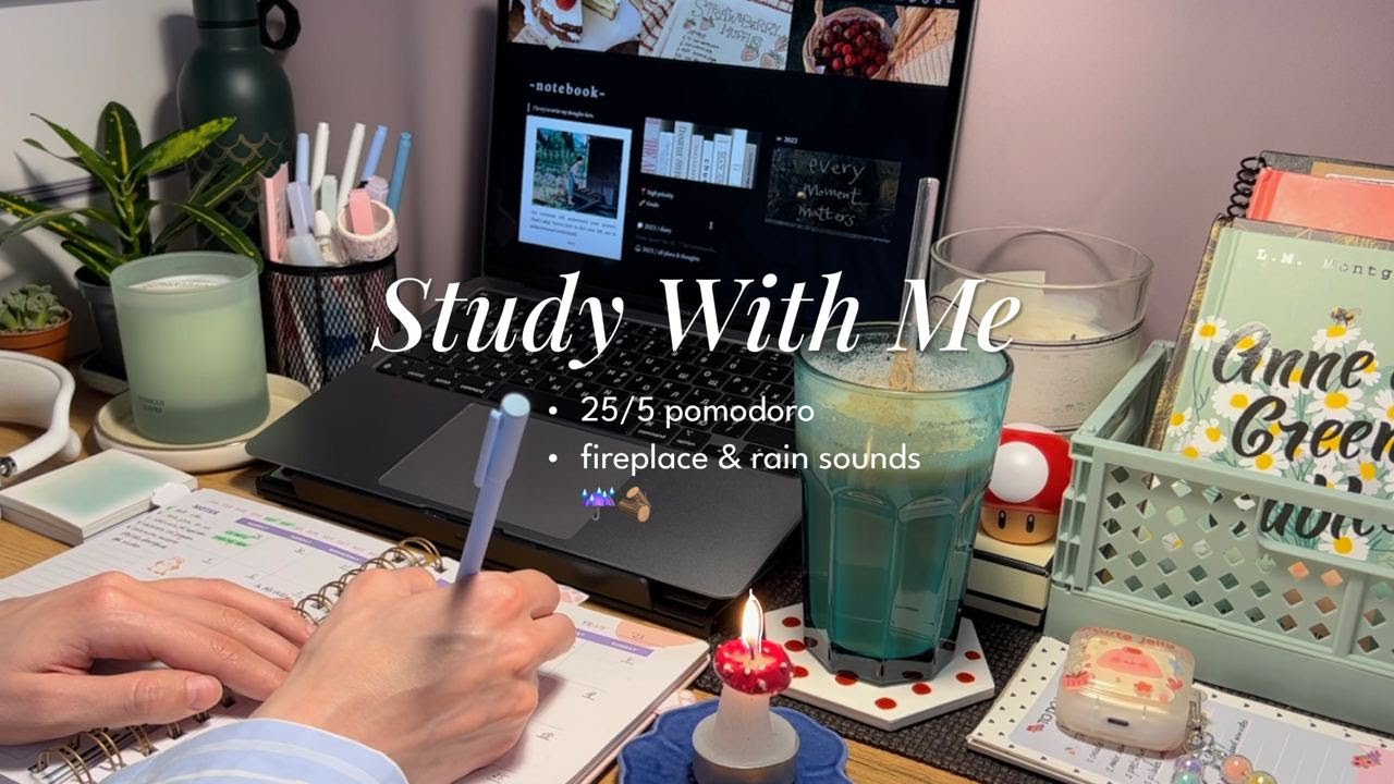 3-HR STUDY WITH ME 🪵⛈️ Легкий гром и треск камина [Pomodoro 25/5]/ Обратный отсчет + будильник