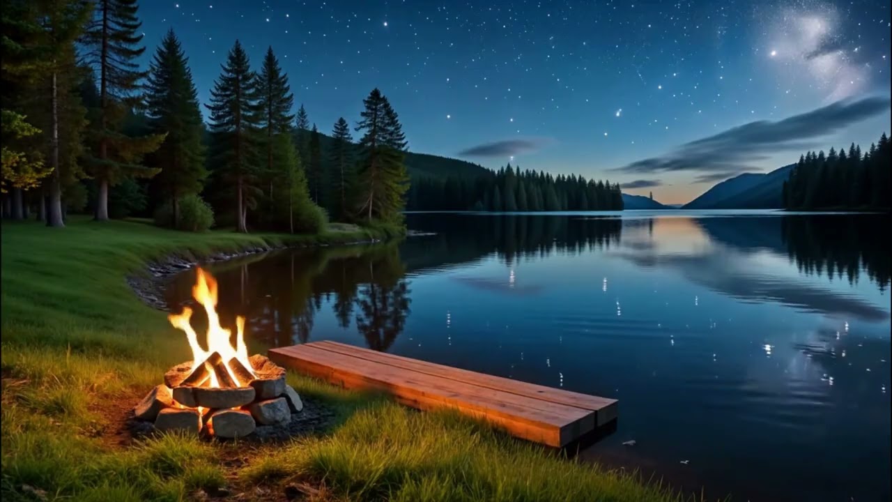 Soothing Lakeside Campfire Sounds with Warm Crackling Fire for Deep Rest