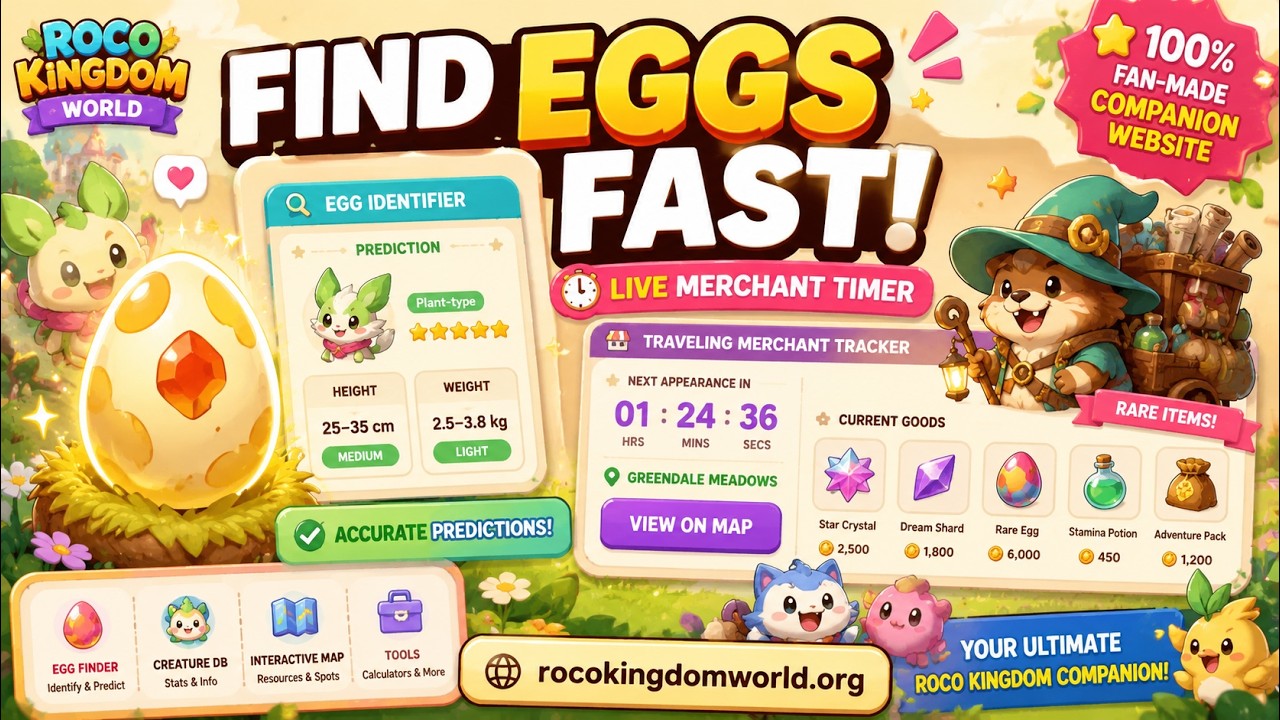 Roco Kingdom World Tools You Need: Egg Identifier & Merchant Timer