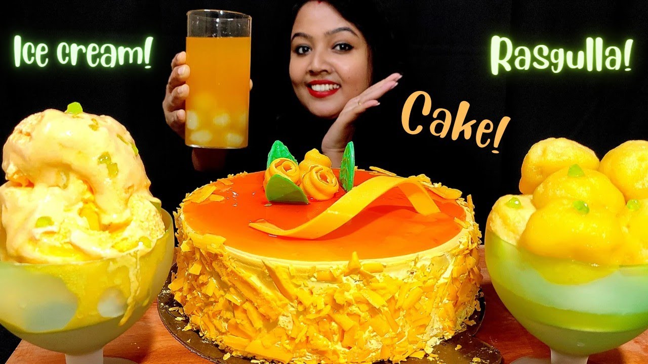Eating 🥭 Mango Cake, Mango Ice cream, Yellow Rasgulla | ASMR Cake Mukbang | Foodie Lady PP