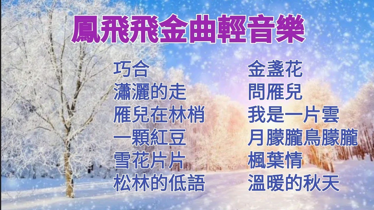 [無廣告音樂] 鳳飛飛金曲輕音樂🎶 鋼琴演奏/卡拉ok字幕/伴奏音樂/電影主題曲/經典老歌/秋天的歌/巧合/瀟灑的走/一顆紅豆/雪花片片/金盞花/楓葉情/我是一片雲