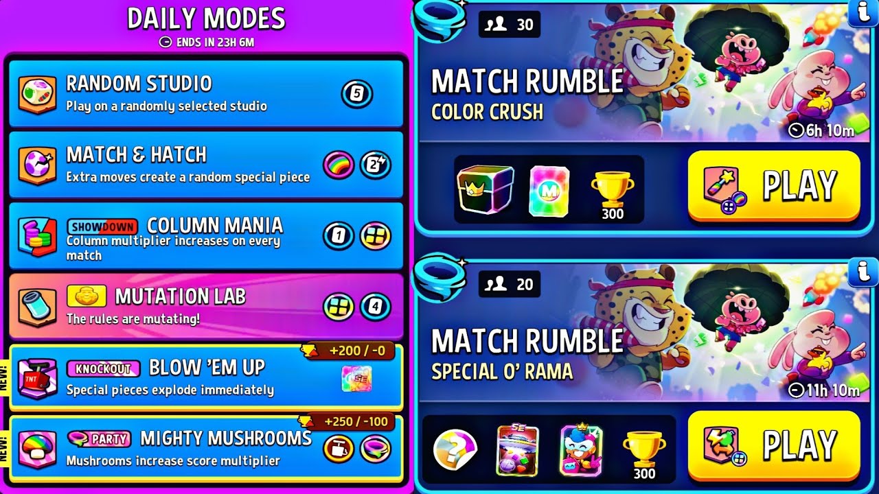 daily modes & rumble | color crush rainbow + special o rama + show down + match & hatch