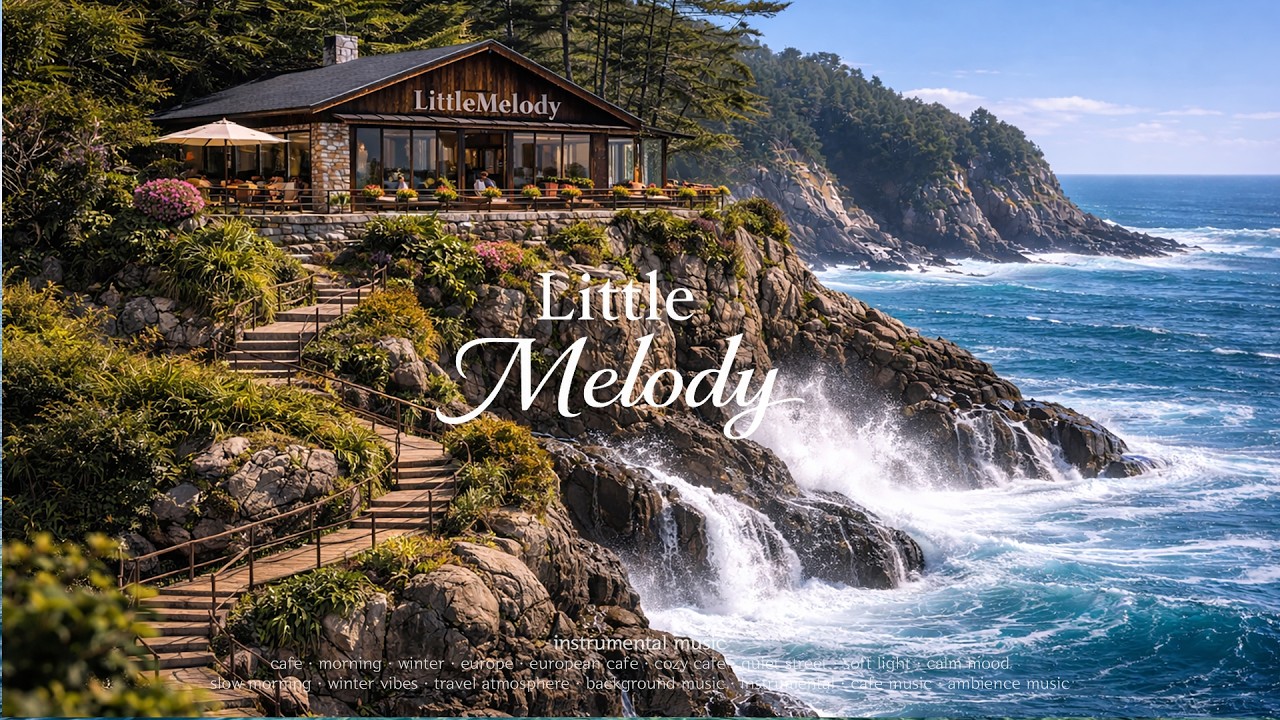 Ocean Cliff Café Ambience 🌊 Relaxing Waves & Seaside Music | Little Melody