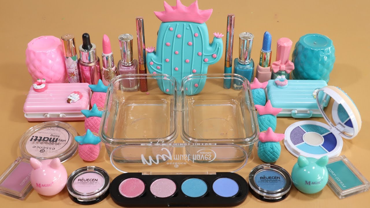 Mixing''Pink VS Teal''Eyeshadow,Makeup and glitter Into Slime!Satisfying Slime Video!★ASMR★