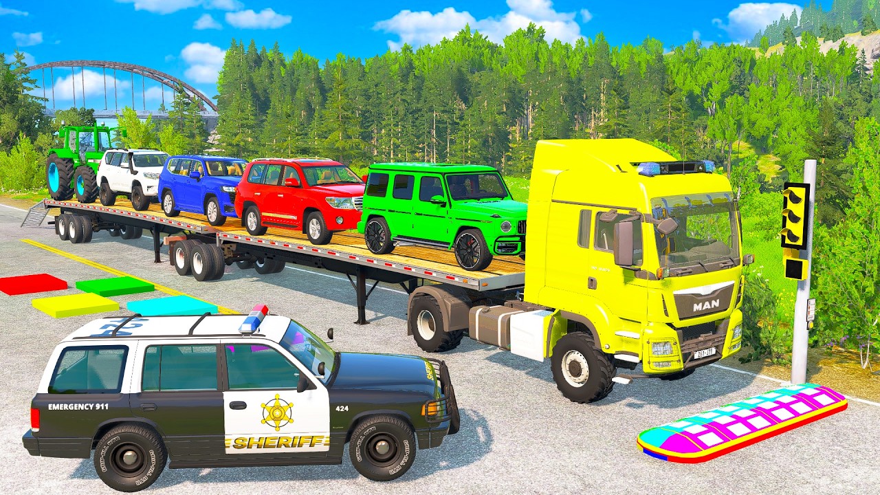 Flatbed Trailer McQueen Transportation with Truck - Speedbumps vs Cars vs Train - BeamNG.Drive #01