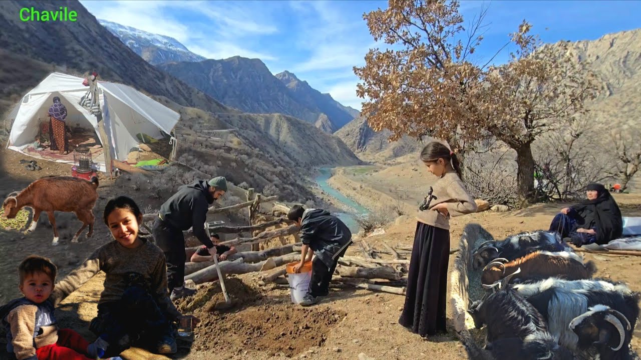 Real life of a nomadic family in the mountainous plains/Building a goat canteen by the roaring river