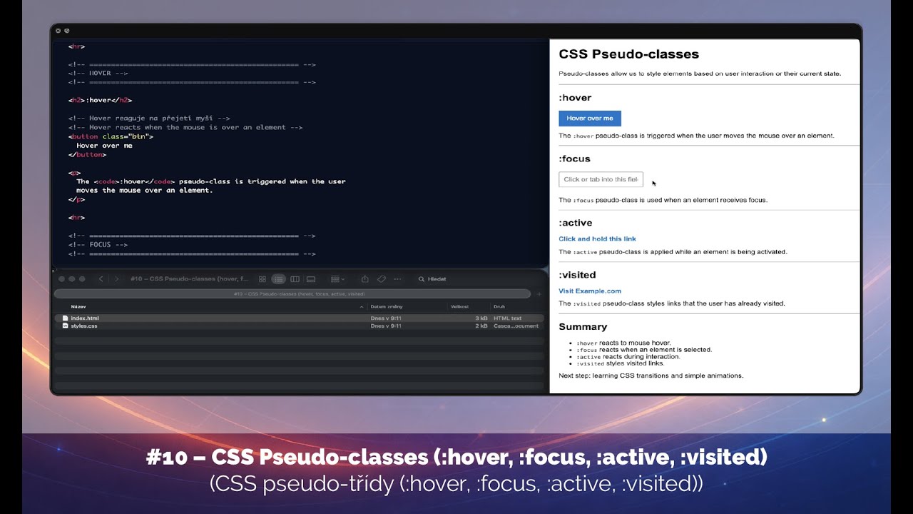 #10 – CSS Pseudo-classes - CSS pseudo-třídy (:hover, :focus, :active, :visited)