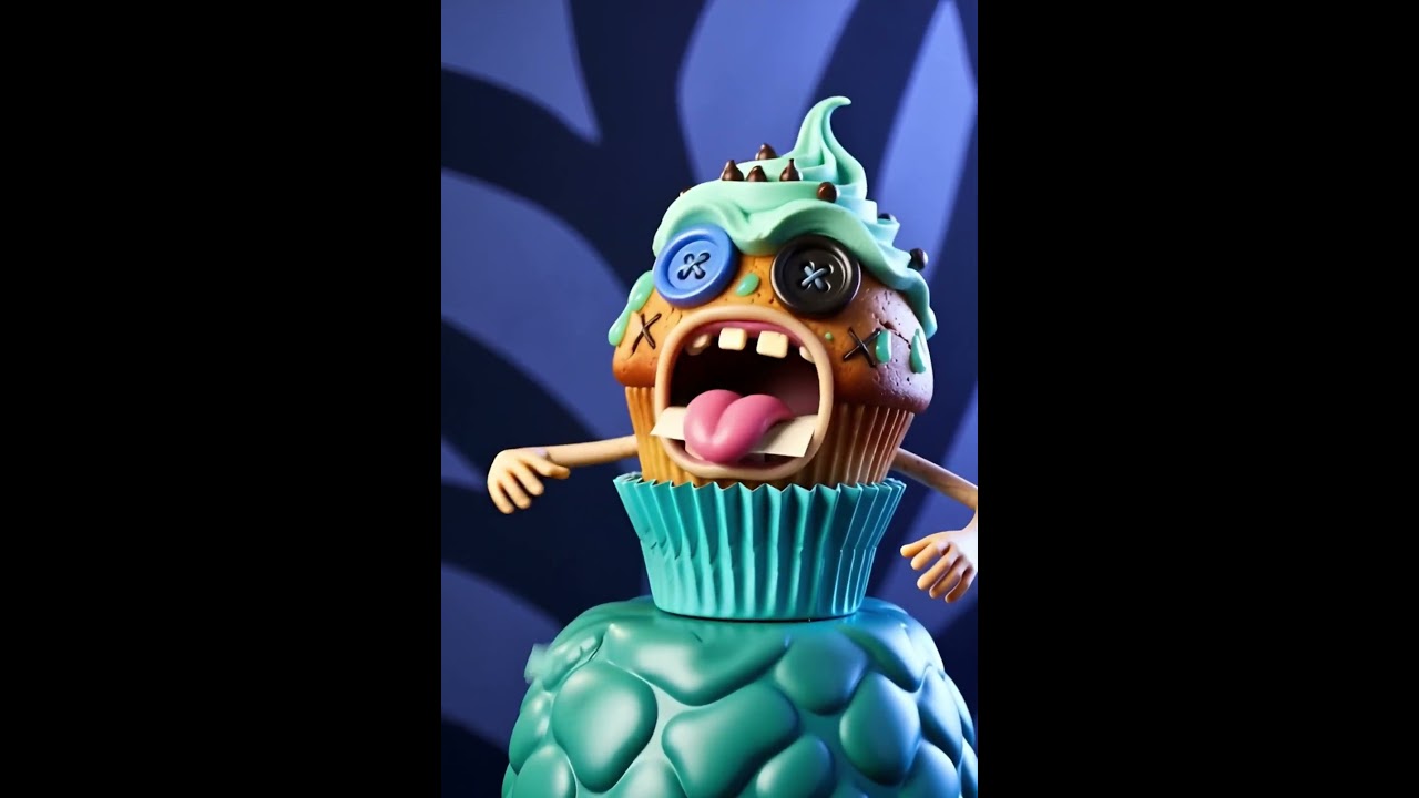 Creepy Cartoon Cupcake Character with Button Eyes and Mint Frosting 