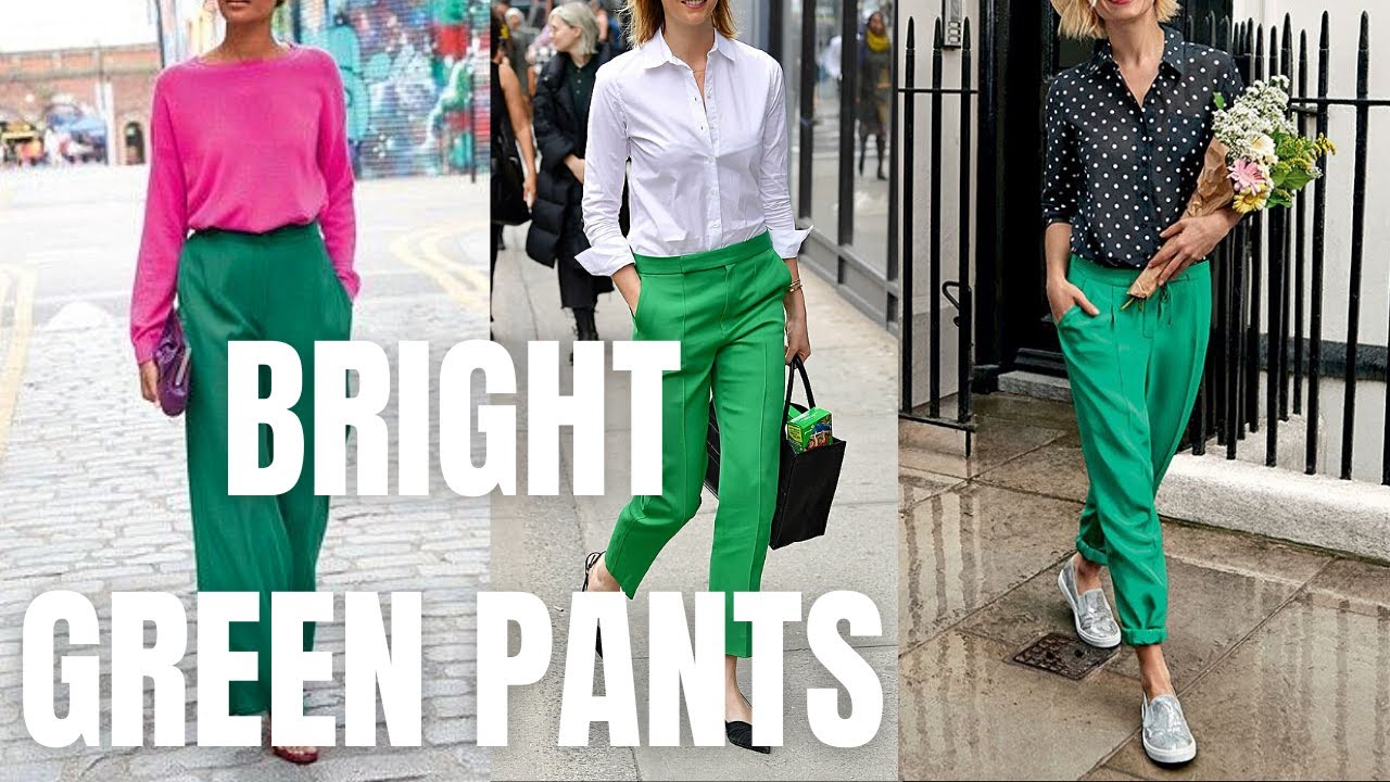 Bright Green Pants Outfit Ideas. Kelly Green, Emerald Green Pants Combination.