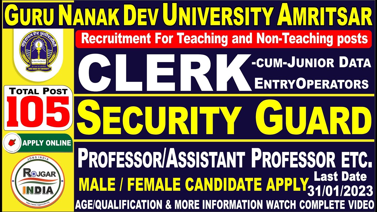 Guru Nanak Dev University, Amritsar Online Form 2023 For Various Post Recruitment Teaching