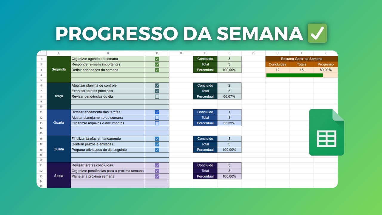Como Criar uma Planilha de Tarefas da Semana no Google Sheets (com % e Barra de Progresso)