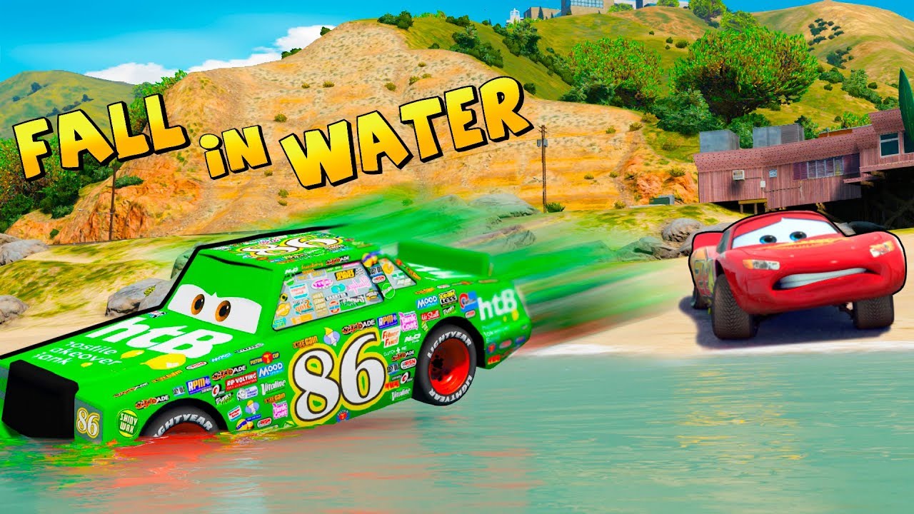 Chick Hicks Fall in WATER! Movie w Mack Truck, McQueen, Cruz Ramirez for KID