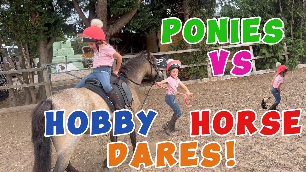 HILARIOUS Horseback Dares! 🤪 Penny on Hobby Horse vs Tabby on Real Pony! #TrotOnTwins #HorsebackDare