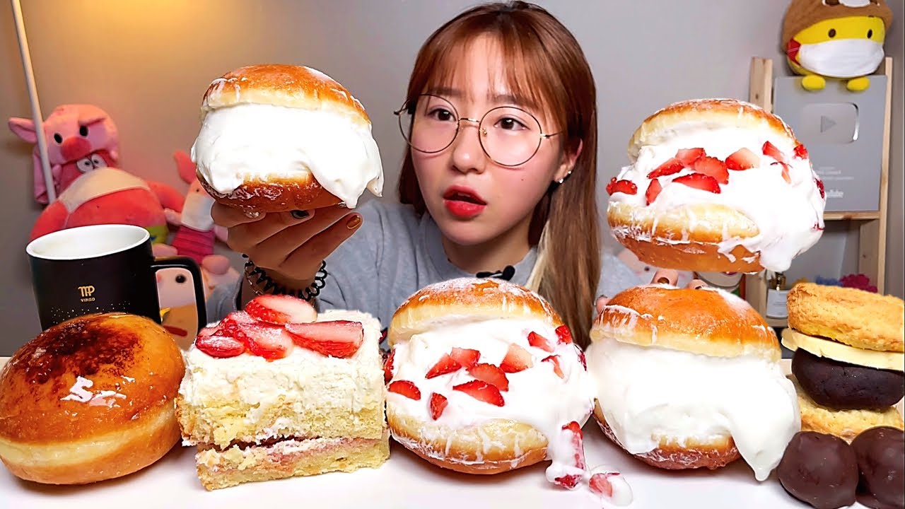 진주 얼로우미 우유크림도넛 딸기케이크 앙버터스콘 디저트 먹방 Dessert Mukbang