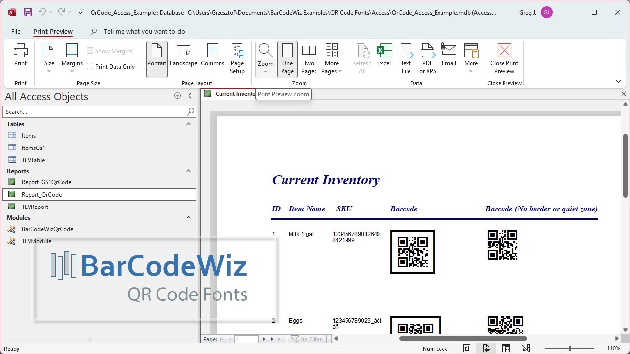 Create QR Code 2D Barcodes in MS Access