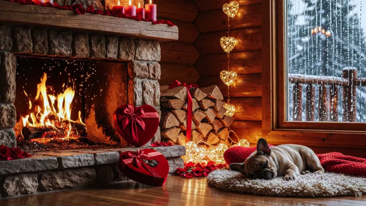 🐶 Sleeping Dog by the Valentine Fireplace ❤️ | Rainy Cabin Night for Deep Sleep 🔥🌧️