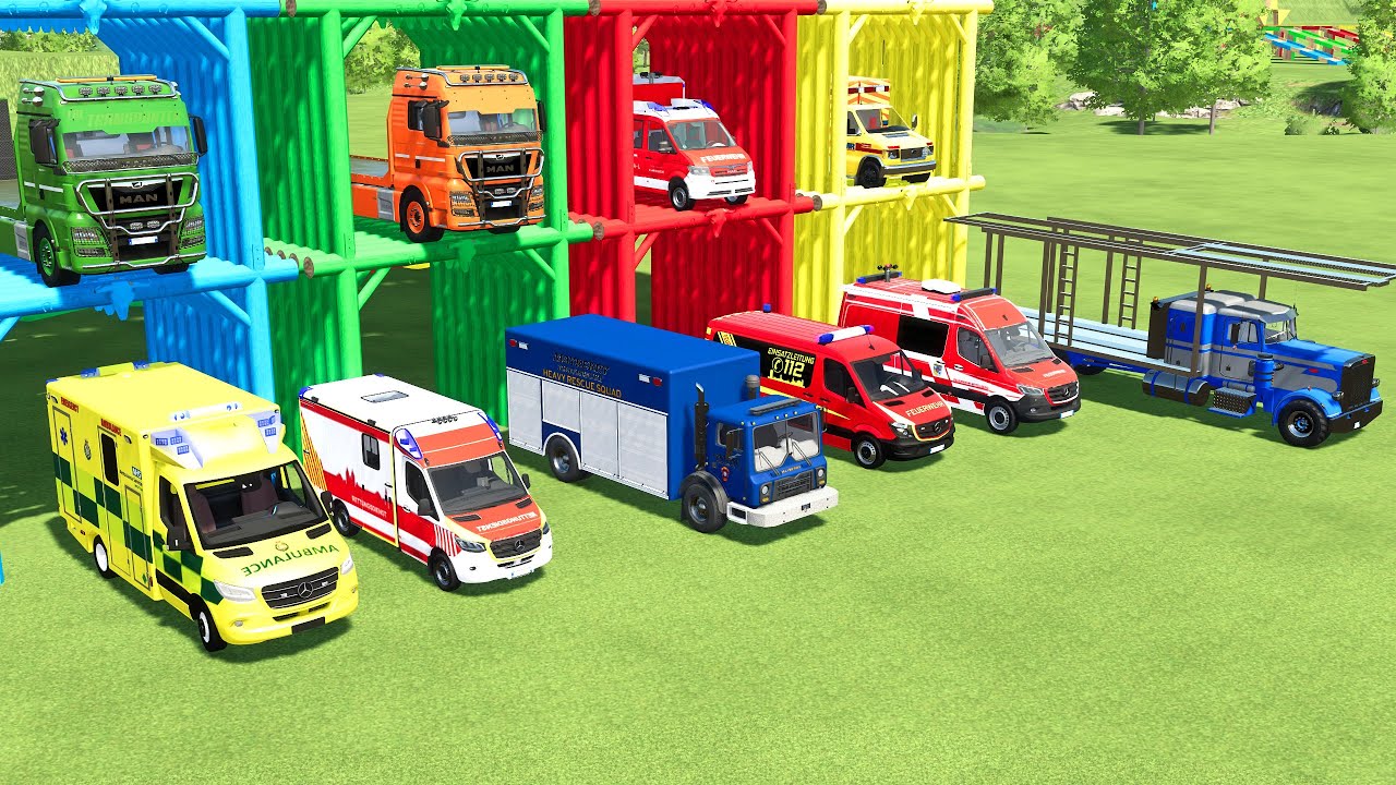 TRANSPORTING POLICE CARS, AMBULANCE, FIRE DEPARTEMENT, FIRE TRUCK TO GARAGE | FS22 SIMULATOR 22