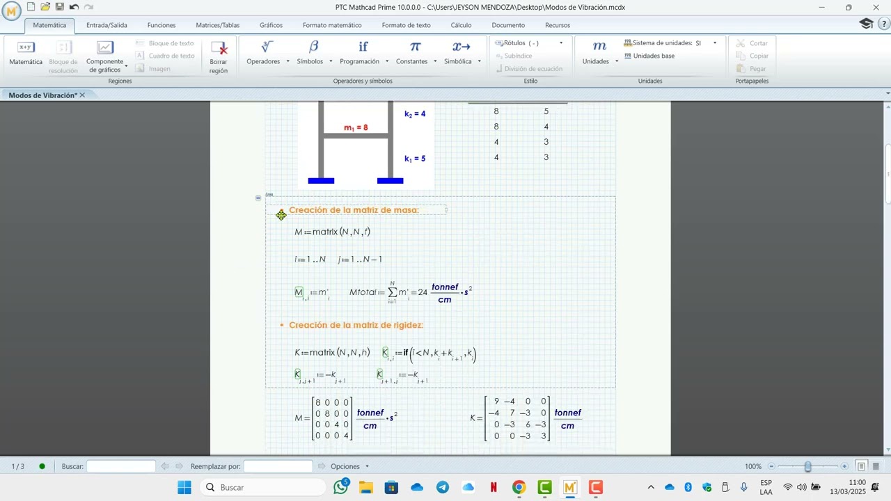 Cálculo de modos de vibración usando Mathcad Prime
