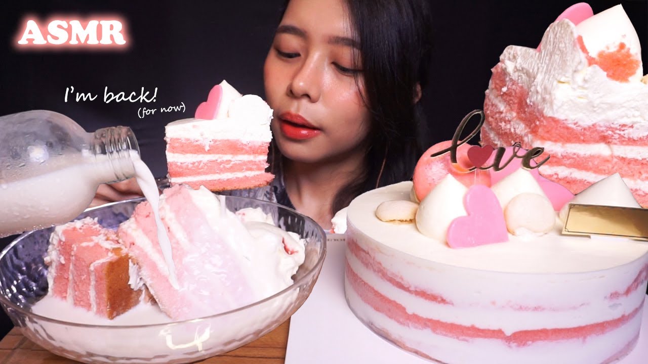 ASMR Strawberry FRESH CREAM CAKE with Yogurt MOUSSE (I'm back! 👋🏻) | Eating Sounds