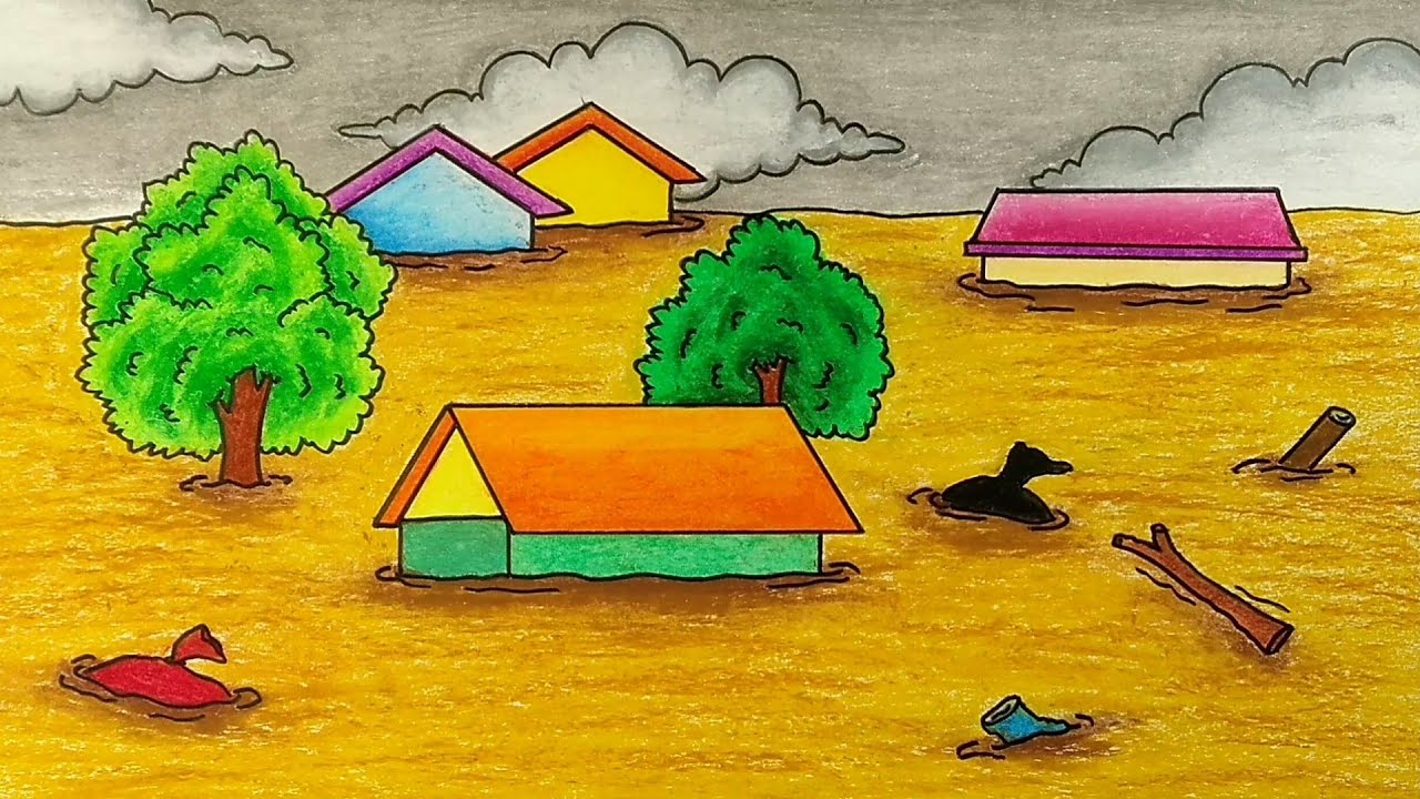 Menggambar tema bencana alam || Cara menggambar bencana banjir