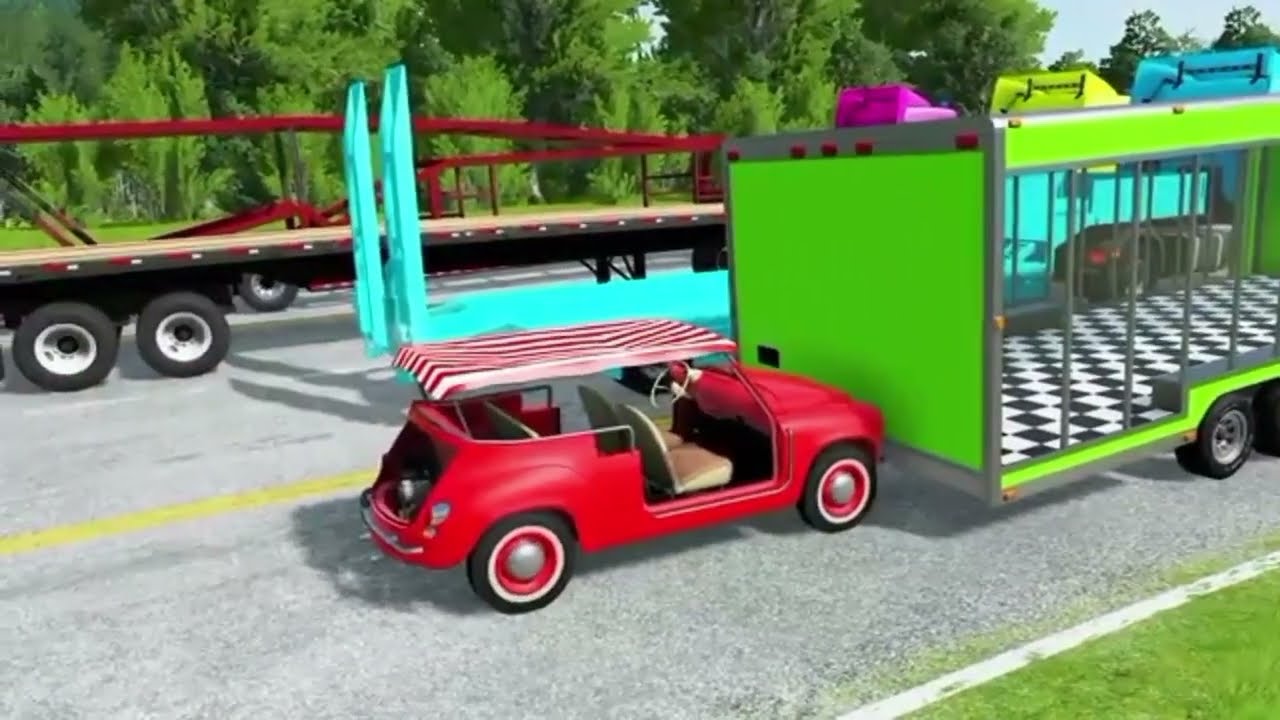 Trucks_Transporting_cars_with_Flatbed_Trailers___Cars_vs_Speedbump_vs_Train_vs_Pothole_1(360p)