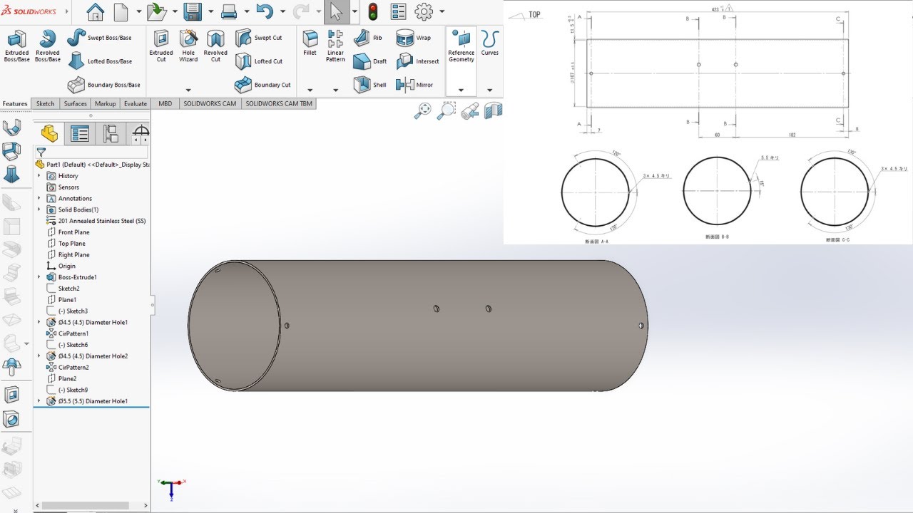 Cara Membuat Lubang pada Pipa Tabung dengan Mengatur Derajat Kemiringan - SolidWorks Tutorial