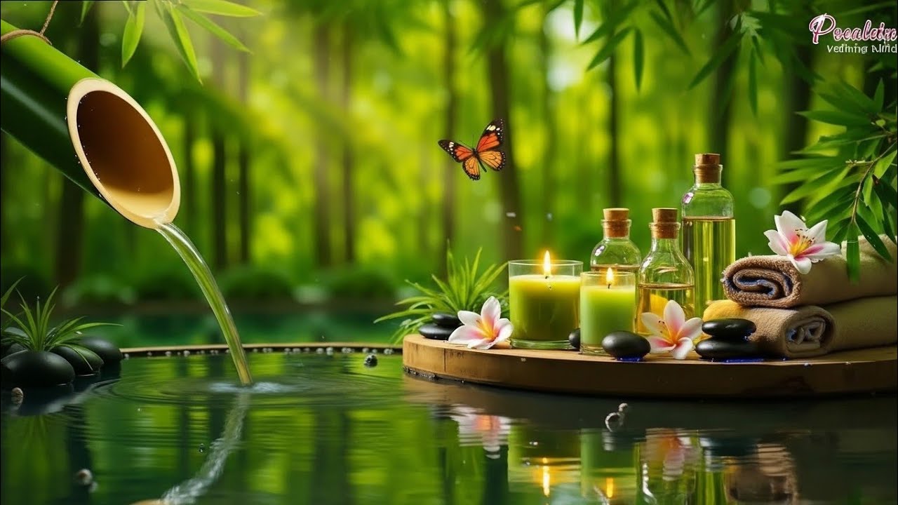 Peaceful wellness spa, bamboo water stream, rolled towels, flowers, glossy reflection, calming green