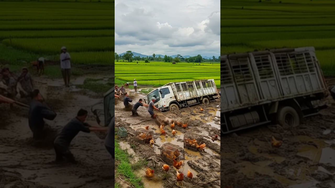 🐔🚛Truck Full of Chickens Sinks Deep in the Mud 😱