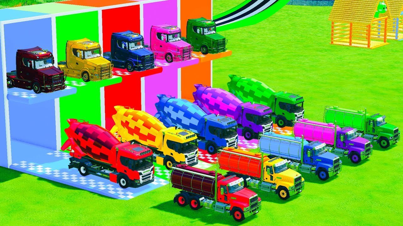 Garage with Colors - ALL MIXER TRUCK WITH DOUBLE FLATBED TRAILER TRUCK, PETERBILT, KENWORTH, SCANIA