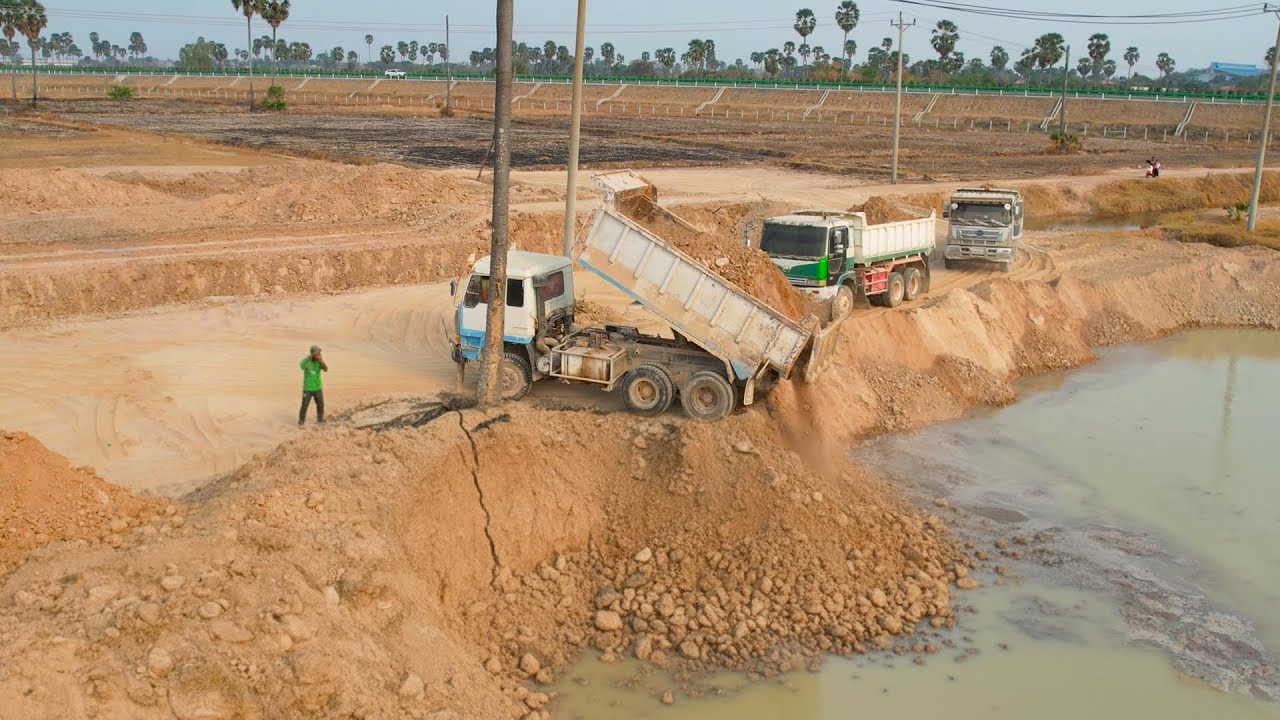 Observation! Landfill to Operational, Resize the Canal with Dump Truck Transport Soil into Deep Pond