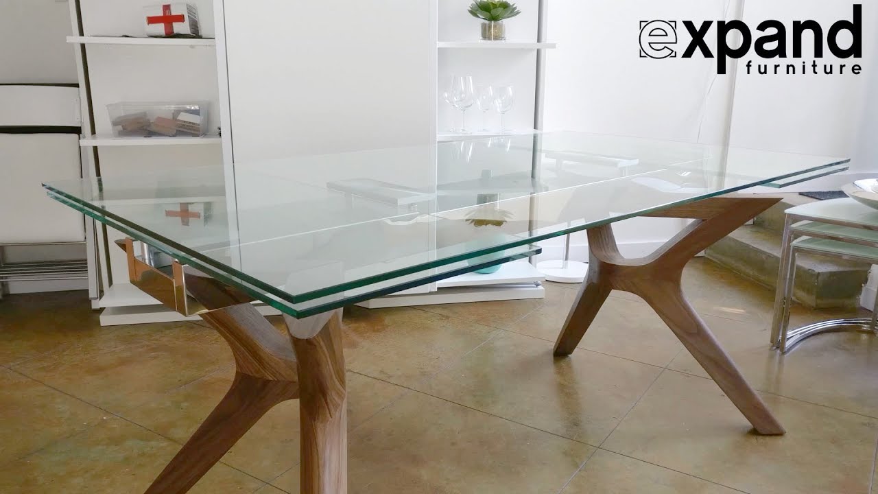 Bridge Extending Glass Table With Wood Legs