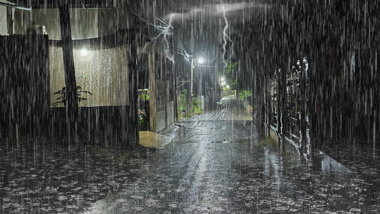 Night Thunderstorm in Residential Street — Heavy Rain and Lightning Ambience