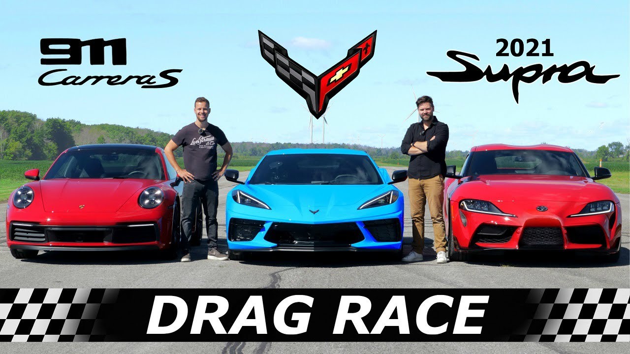 C8 Corvette vs 992 Carrera S vs 2021 Toyota Supra // DRAG RACE, ROLL RACE & LAP TIMES