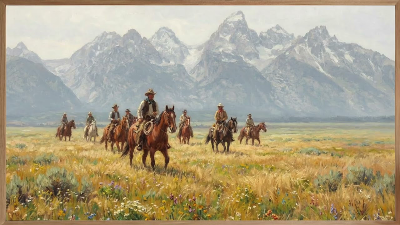 Cowboys on Horses in the Mountains | Framed Oil Painting Art TV Background | Screensaver 2 Hours