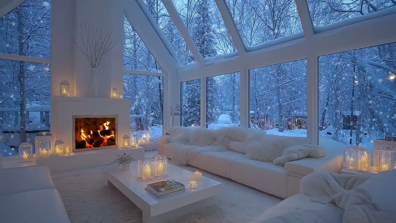 🌨️ Soft Winter Piano Background Music | Snowy Window & Cozy Fireplace Room for Relaxing Focus