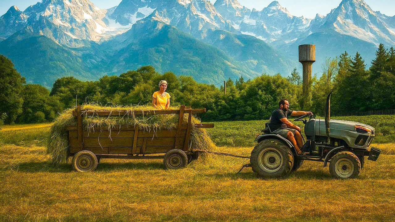 Family life in The Village in The Summer. Harvesting hay for animals, roasting potatoes on the fire🔥