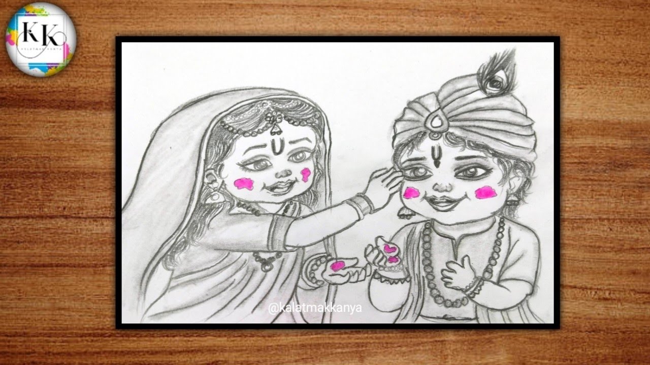 Cute Radha Krishn playing holi pencil sketch/radha krishn holi khelte huye drawing/bal krishn radha 