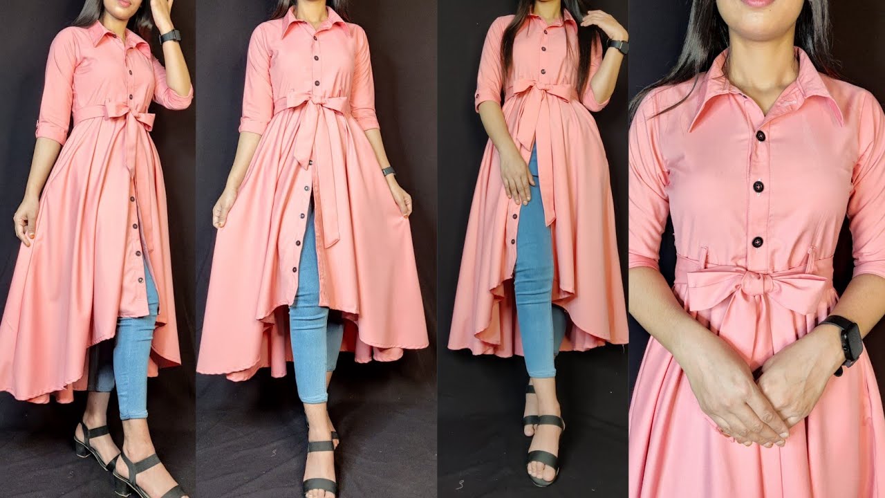 College wear kurti /Shirt collar high low kurti cutting & stitching/pocket dress cutting & stitching