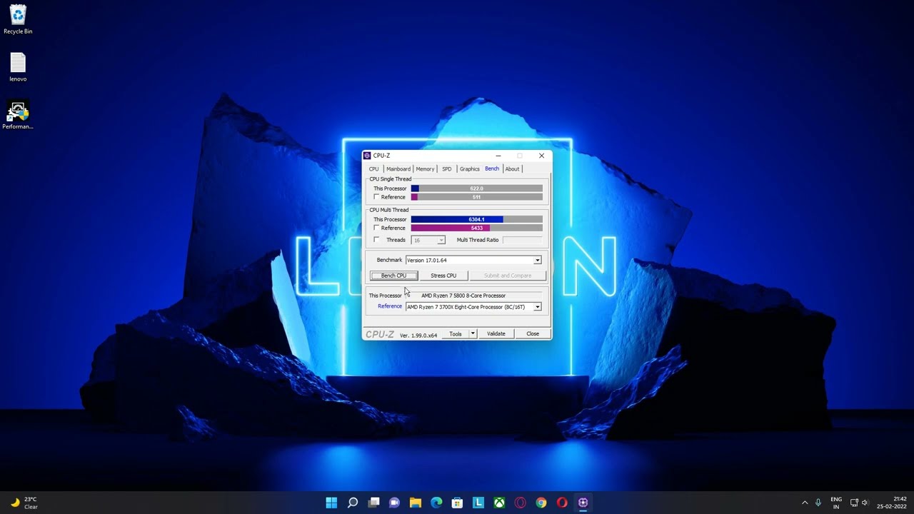 CPU-Z  Single-thread & Multi-thread Test- Ryzen 7 5800 Lenovo Legion Tower 5 (vs Ryzen 7 3700X)
