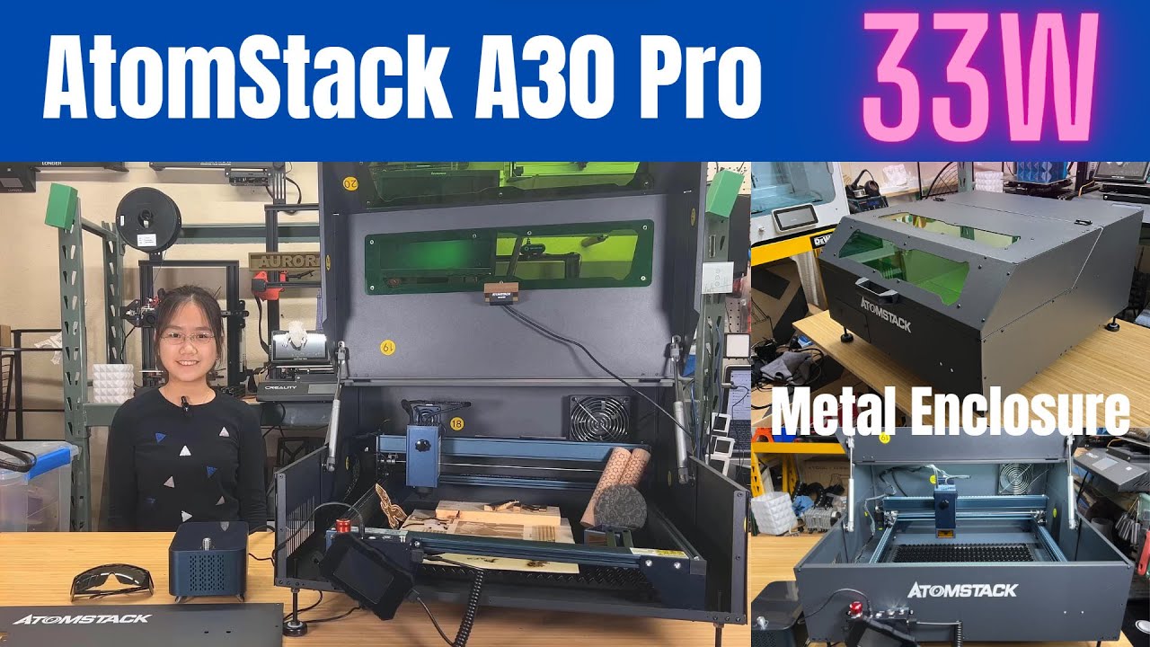AtomStack A30 Pro 33W laser engraver with AC1 camera, F3 cutting panel, R1 Pro roller & B1 enclosure