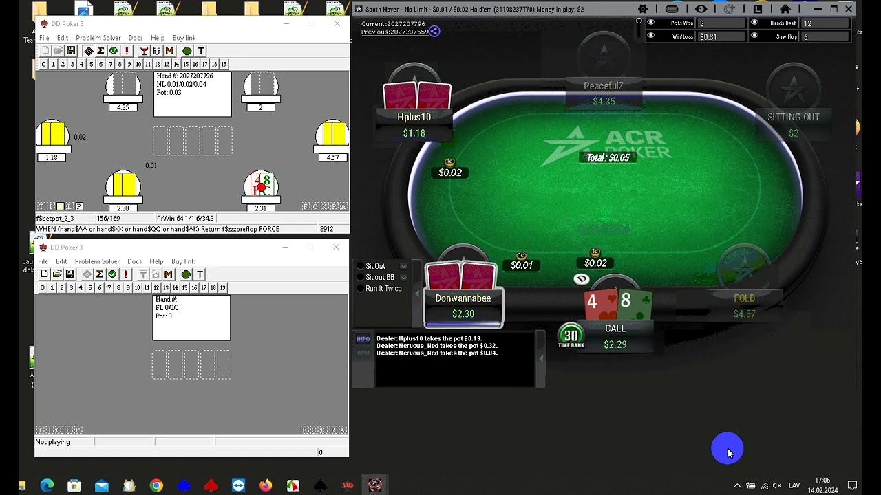 The robot plays money games in the Winning Poker Network, ACR poker room, day 6, video 1, Finish