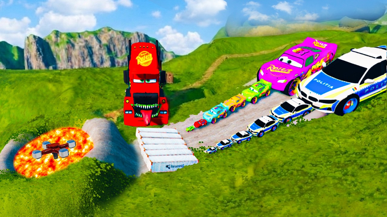 Big & Small McQueen & Police Car vs Zombie Mack, Lava Pit & Spinner - Downhill Race | BeamNG.drive