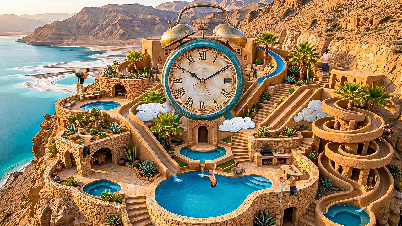 250 Days Building a Luxury Cliffside Clock Tower Resort & Spiral Water Slides Using Primitive Tools