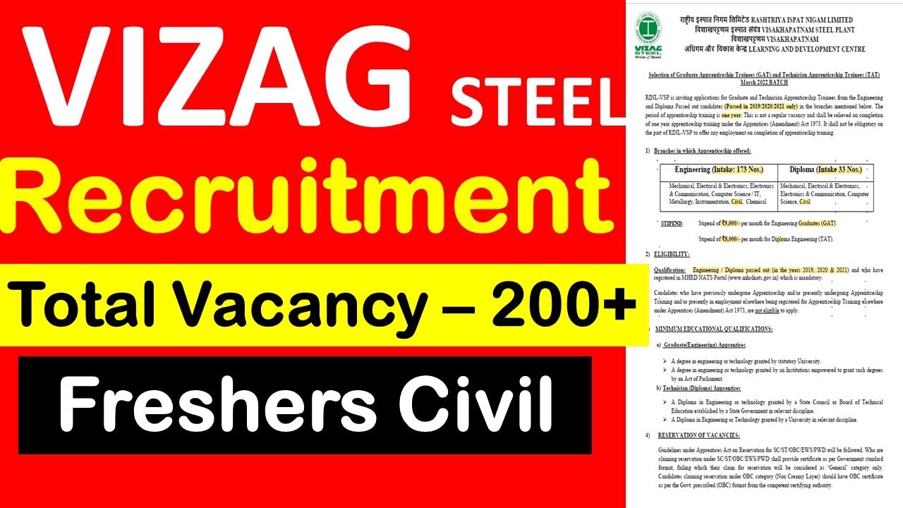 VIZAG STEEL Recruitment 2022 | Total Vacancy &ndash; 200 | RINL |  Fresher | Civil Engineering Jobs